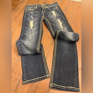 Request jean’s straight leg distressed unique threading & design. Size 9/29.